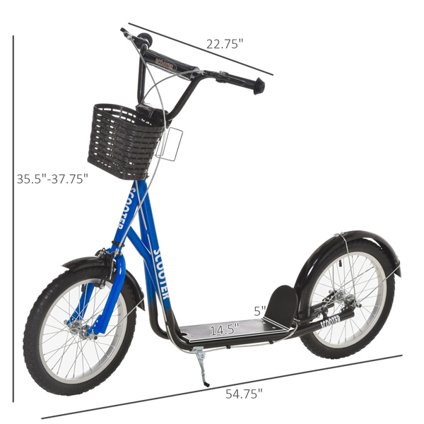 Youth Scooter with Adjustable Handlebars and plastic basket  16" Inflatable Rubber Tires  -Blue