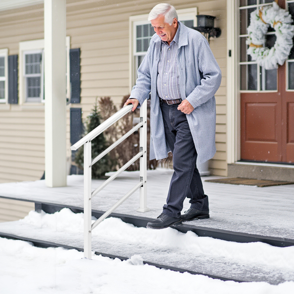 Handrails for Outdoor Steps, Wrought Iron Handrail Fits 1 or 3 Steps, Transitional Handrail with Installation Kit, White