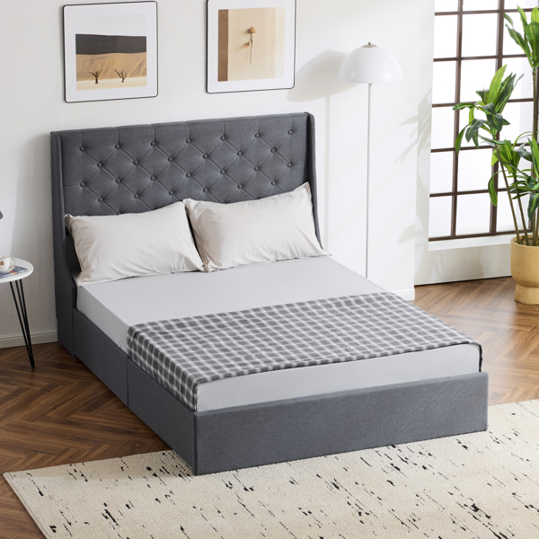 Upholstered Queen Platform Storage Bed Frame with 4 Drawers, Wingback Headboard with Button Tufted Design, Wooden Slat Support, No Box Spring Needed, Dark Grey