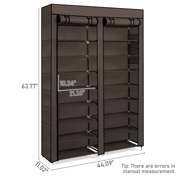 FCH Double Row 10-Tier Non-Woven Fabric Shoe Cabinet with Iron Pipes and Plastic Components, Brown