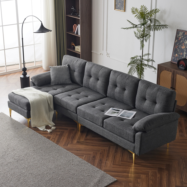 L-Shaped Sectional Sofa Couch for Living Room, Modern 4-Seater Tufted Linen Lounge Sleeper with Chaise, Dark Grey