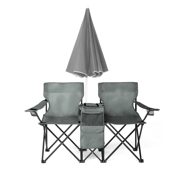 Portable Outdoor 2-Seat Folding Chair with Removable Sun Umbrella Grey