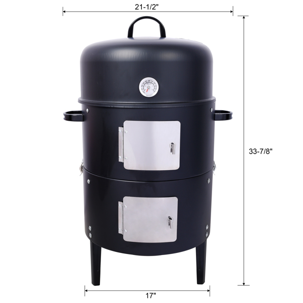 17 Inch Steel Charcoal Smoker, Heavy Duty Round BBQ Grill for Outdoor Cooking, Black