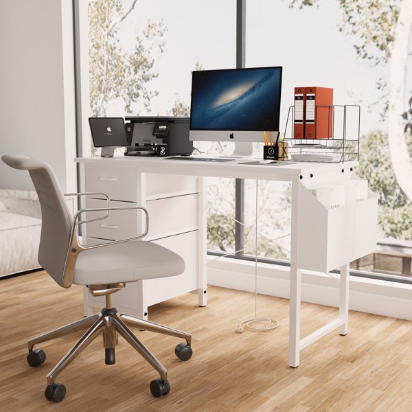 47.3"office desk with power outlet,3 drawers,Side Pocket, Study Desk Easy to Assemble,Frame stability Reversible for home desk, company computer desk, game table,Vanity table, white