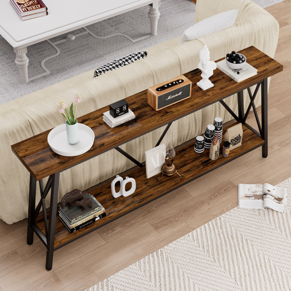 70.9 Inch Extra Long Sofa Table, Console Behind Sofa, Entryway Table with 2 Tier Storage Shelves for Hallways,Living Rooms,Foyers,Entryways,Banquet Rooms,Rustic Brown and Black, 70.9″L x 11.8"W x 32"H