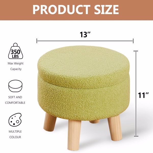 Storage Ottoman, Modern Round Footrest with Soft Padded Seat, Teddy Velvet Footstool with Wood Legs, Accent Small Table or Plant Stand for Hallway, Living Room (Brilliant Green)