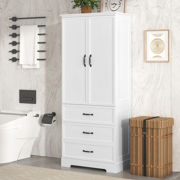 Tall Bathroom Storage Cabinet, Cabinet with Two Doors and Drawers, Adjustable Shelf, MDF Board, White