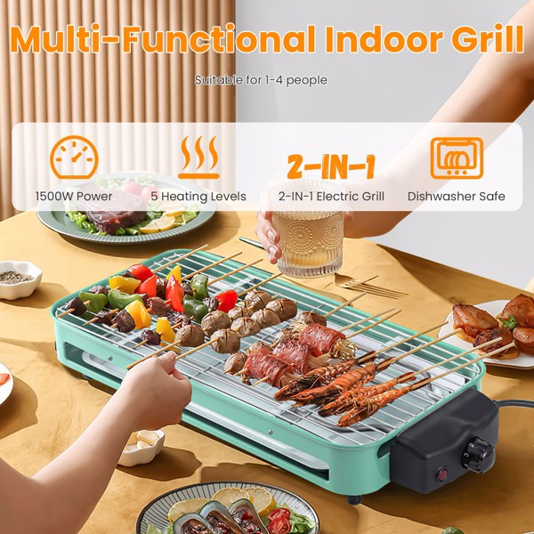 1500W Electric Indoor Grill 2 in 1 Electric BBQ Gill with Grill Net Removable Plate 5 Temperature Control 3 Small Trays Dishwasher Safe