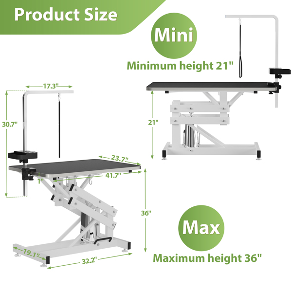 "Heavy-Duty Hydraulic Dog Grooming Table with Anti-Static Top, Adjustable Z-Lift (21"-36"), Armrests, Leash Covers, Tool Organizers, Hooks, & 330LB Capacity - Black"