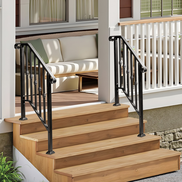 Matte Black Outdoor 2-Step Iron Handrail