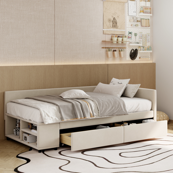 Twin size L-Shaped Upholstered Platform Bed with Storage and Drawers, Beige