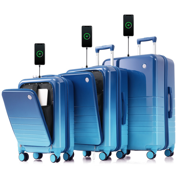 Luggage Set of 3, 20, 24, 28inch with USB Port, 20, 24inch with front opening design Airline Certified Carry on Luggage with Cup Holder, ABS+PC Hard Shell Luggage with Spinner Wheels, blue