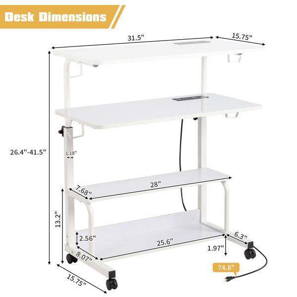 FCH White Wood Grain P2 15MM Particle Board with Melamine Coating Adjustable Computer Desk with 3 USB + 2 AC Outlets