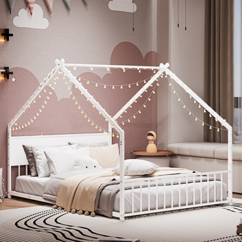 Full Size House Bed with Roof and Colorful Lights, Metal Bed Frame with Slats and Legs, House Bed for Boy, Girls and Young Teens, No Box Spring Needed (White)