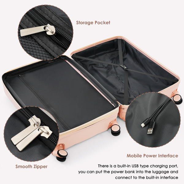 Luggage Sets 3 Piece, 20-inch with USB Port and front opening design,  ABS Hard Shell Luggage with Spinner Wheels, Cup Holder, pink