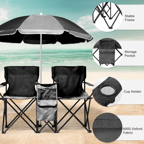 Portable Outdoor 2-Seat Folding Chair with Removable Sun Umbrella Black