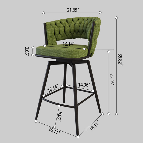 26" Bar Chair Linen Woven Bar Stool Set of 2,Black legs Barstools No Adjustable Kitchen Island Chairs,360 Swivel Bar Stools Upholstered Bar Chair Counter Stool Arm Chairs with Back Footrest (Green) 