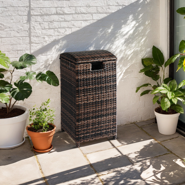 Wicker Patio Trash Bin, 33 Gallon Rattan Trash Can with Lid for Porch Backyard Deck Patio Poolside, Brown