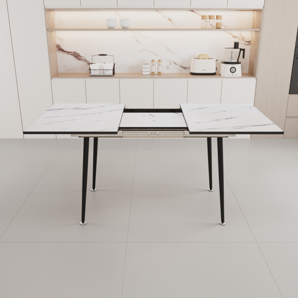 47" expandable to 63" inch MDF square white marble patterned dining table, modern industrial kitchen and dining table, equipped with tapered black metal legs,suitable for living rooms, gatherings, etc