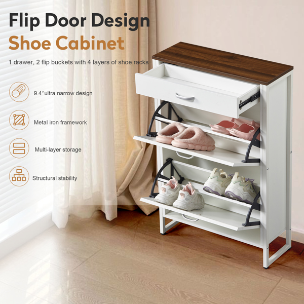 Slim Shoe Cabinet with 2 Flip Drawers &1 Drawer, Narrow Wall Hidden Shoe Cabinet, Freestanding Shoe Rack Storage Cabinet Organizer for Entrance Hallway,white and Walnut