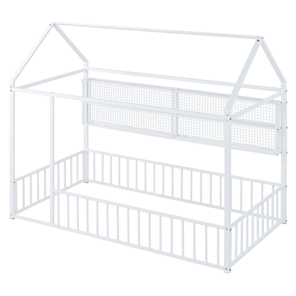 Twin Size Metal Bed House Bed Frame with Fence and Shelves, White