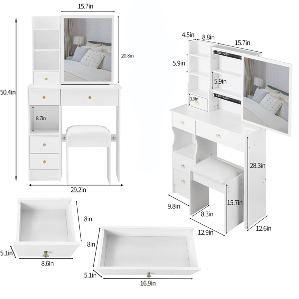 Small Size Left Drawer Desktop Vanity Table + Cushioned Stool, Extra Large Sliding Mirror, Multi Layer, High Capacity Storage Fashionable Dresser, Suitable for Small Space, EPA,GCC,UL Certificate