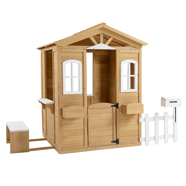 Wooden Playhouse for Kids Outdoor with Working Door, Windows, Mailbox, Bench, Flowers Pot Holde