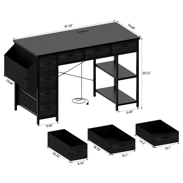 47.3" Computer Desk with 7 Drawers, Extra Large Side Pocket, and Power Outlets – Ideal for Home Office, Study, or Gaming –  Black