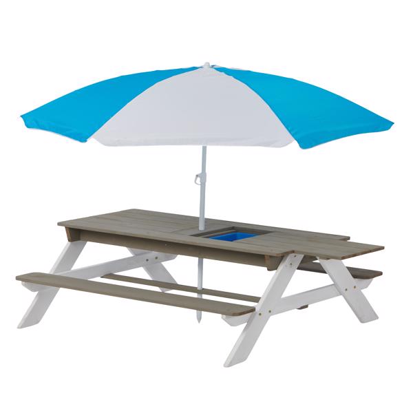 Wooden Kids Picnic Table, Sand and Water Table with Umbrella, Activity Table for Outdoor Backyard Patio Play