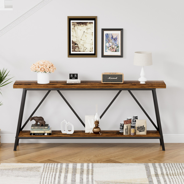 70.9 Inch Extra Long Sofa Table, Console Behind Sofa, Entryway Table with 2 Tier Storage Shelves for Hallways,Living Rooms,Foyers,Entryways,Banquet Rooms,Rustic Brown and Black, 70.9″L x 11.8"W x 32"H