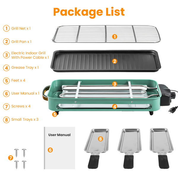 1500W Electric Indoor Grill 2 in 1 Electric BBQ Gill with Grill Net Removable Plate 5 Temperature Control 3 Small Trays Dishwasher Safe