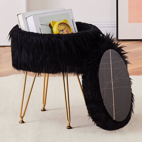 Faux Fur Storage Ottoman Round Furry Vanity Stool Marble Grain Tray Coffee Table Compact Footrest Stool with 4 Metal Legs Soft Makeup Seat Foot Stools for Living Room Bedroom Entryway Black