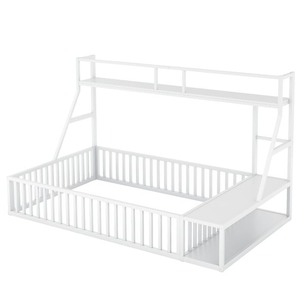 Full Size Floor Bed Frame with Safety Fence, Metal Floor Bed with Desk and Storage Shelves, Playhouse for Kids, White