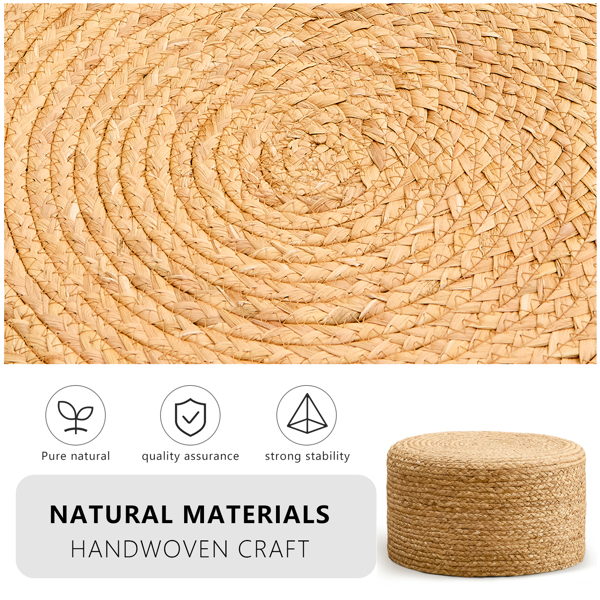 Round Pouf Ottoman, Natural Hand Knitted Footrest Poof, Rustic Lounge Pouffe, Boho Pous Foot Stool, Accent Table or Seat (Natural Water Hyacinth, 17.7 * 17.7 * 9.84)