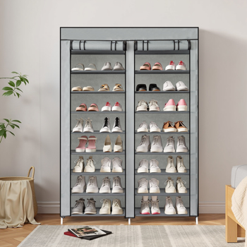  Double Row 10-Tier Non-Woven Fabric Shoe Cabinet with Iron Pipes and Plastic Components, Gray