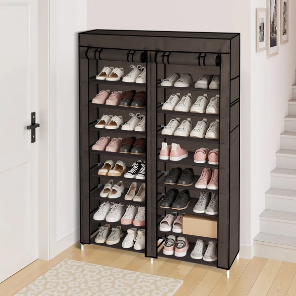 FCH Double Row 10-Tier Non-Woven Fabric Shoe Cabinet with Iron Pipes and Plastic Components, Brown