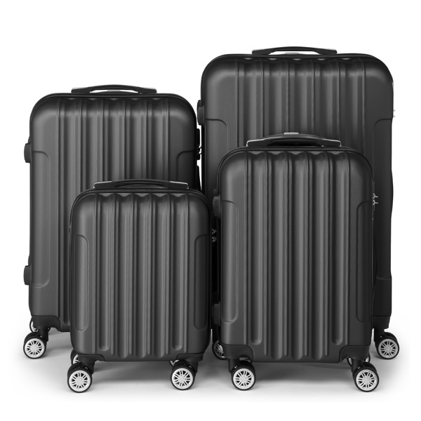 FCH Four-Piece Set Vertical Stripe ABS Luggage 16in, 20in, 24in, 28in with ABS Material and Steel Telescopic Handle in Classic Black