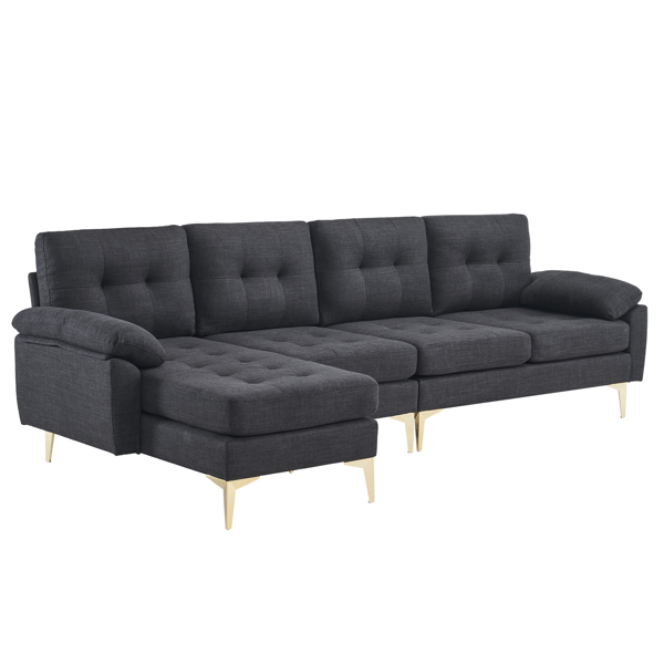 L-Shaped Sectional Sofa Couch for Living Room, Modern 4-Seater Tufted Linen Lounge Sleeper with Chaise, Black