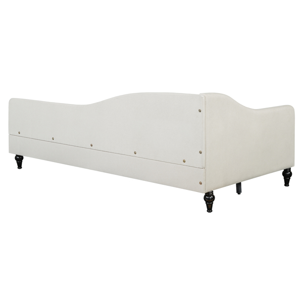 Twin Size L-Shaped Linen Daybed, with Solid Wood Legs, Beige