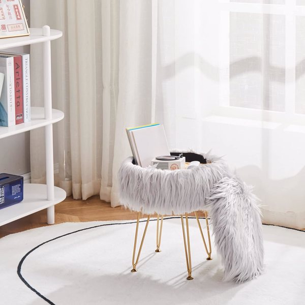 Faux Fur Storage Ottoman Round Furry Vanity Stool Marble Grain Tray Coffee Table Compact Footrest Stool with 4 Metal Legs Soft Makeup Seat Foot Stools for Living Room Bedroom Entryway Grey