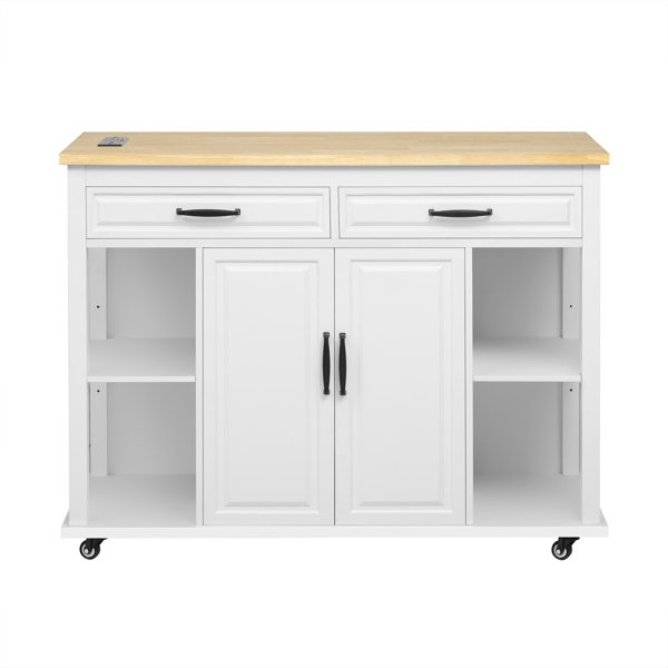 47 inch Kitchen Island with Extendable Dining Table, Rubber Wood Veneer Kitchen Table with Internal Storage Rack, Power Outlet, Kitchen island with Storage 2 Drawers 2 Cabinet,White