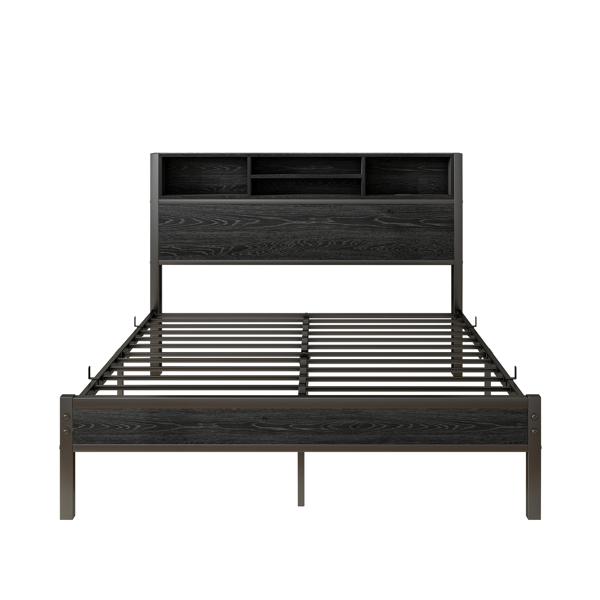 Full Size Bed Frame with Storage Headboard, Metal Platform Bed with Charging Station,  Bookcase Storage, No Box Spring Needed, Easy Assembly, Noise-Free, Black