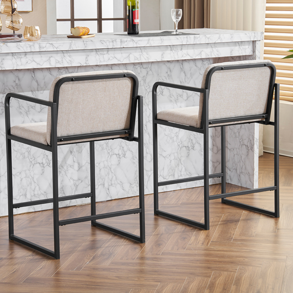 Set of 2,Modern Upholstered Counter Height Bar Stool with Armrests, Metal Frame and Padded Seat, Comfortable Dining Chair for Kitchen Island, Home Bar or Restaurant - Beige