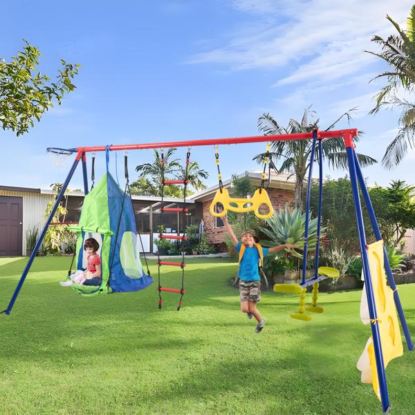 XNS092 rinbow colour interesting four function swingset with net swing and face to face metal plastic safe swing seat 550lbs for outdoor playground for age 3+