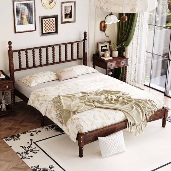 Queen Size Wood Platform Bed with Gourd Shaped Headboard,Retro Style Platform Bed with Wooden Slat Support,Walnut