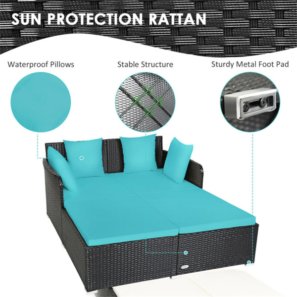 Turquoise Outdoor Rattan Daybed with Upholstered Cushions