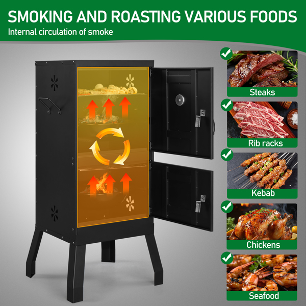 Outdoor Smoker with Double Doors, 2 Detachable Grill Netting Smoking Racks, Charcoal Pan & Water Pan, 4 Air Vents, Thermometer, Vertical Charcoal Smoker for Barbecue Camping Backyard Grill