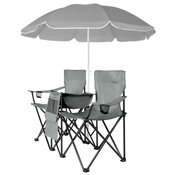 Portable Outdoor 2-Seat Folding Chair with Removable Sun Umbrella Grey