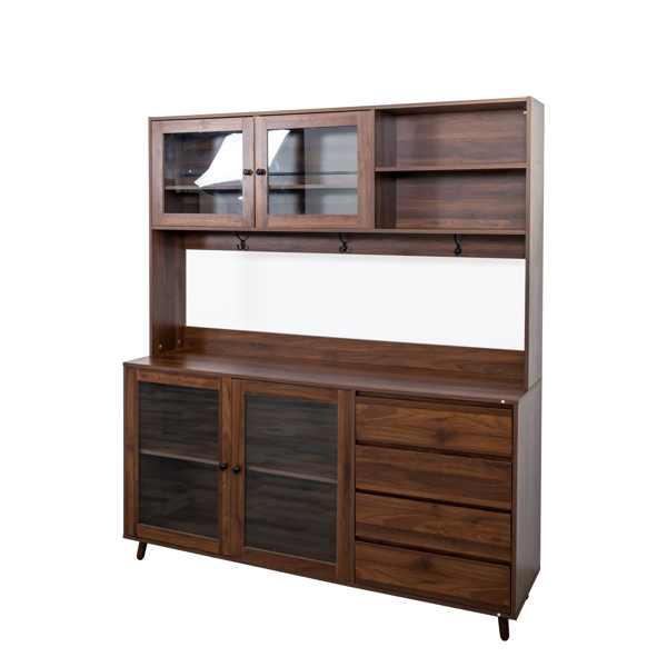 63" W Large Kitchen Hutch Cabinet, Freestanding Pantry Cabinets Storage Kitchen Cupboard with 4 Doors, 4 Drawers & Microwave Shelf, Walnut