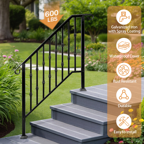 Matte Black Outdoor 3 Level Iron Handrail